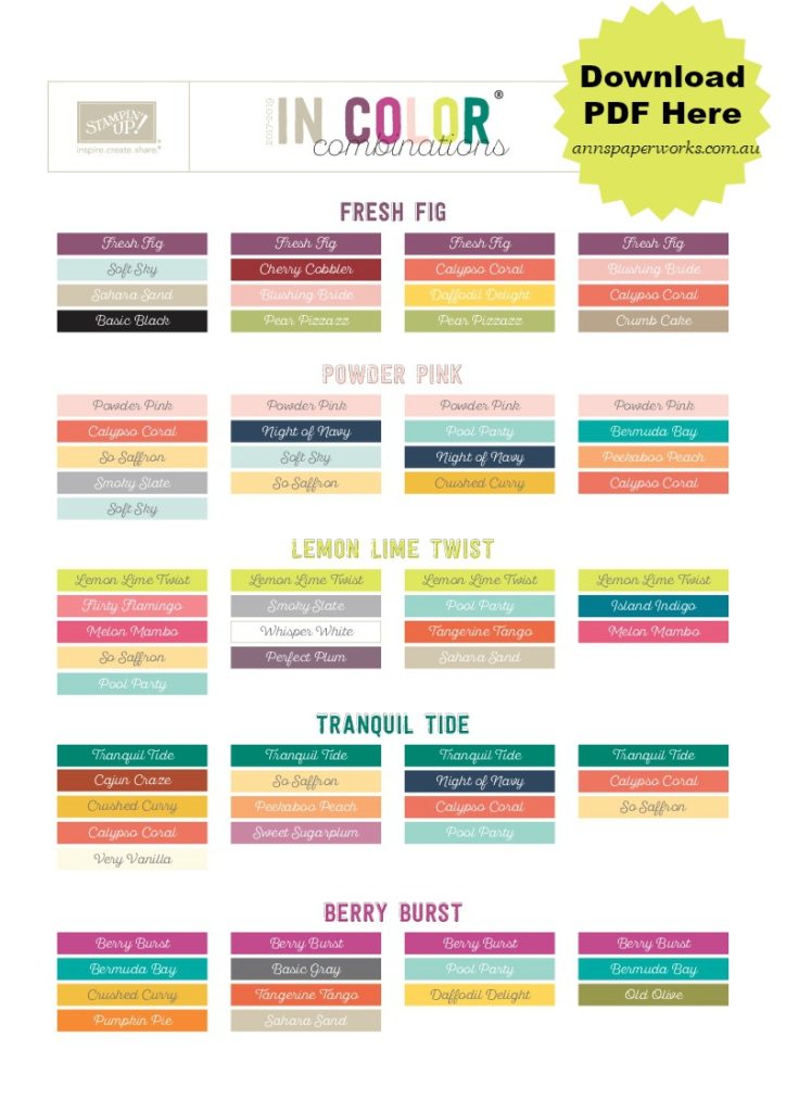 In-Color Co-ordinating Chart, Stampin' Up! colour combinations, Stampin' Up! 2017-18 Catalogue|Ann's PaperWorks| Ann Lewis| Stampin' Up! (Aus) online store 24/7