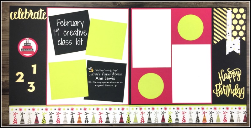 Broadway Bound Designer Series Paper, double page layout, birthday theme, new year's eve theme, eight photo layout, Ann's PaperWorks| Ann Lewis| Stampin' Up! (Aus) available from my online store 24/7 http://bit.ly/2A2JVDr